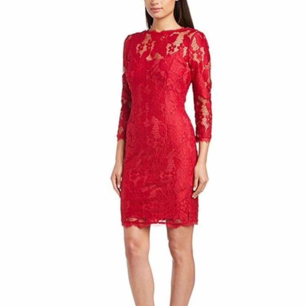 Adrianna Papell Red Lace Long Sleeve Dress